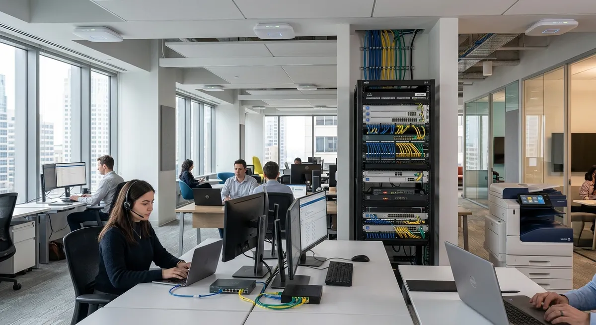 Open-plan office with staff at work beside a neatly cabled network rack